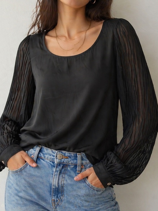 Vince Camuto Tops - Vince Camuto Elegant Black Scoop Neck Sheer Blouse With Pleated Sleeves |Size XL